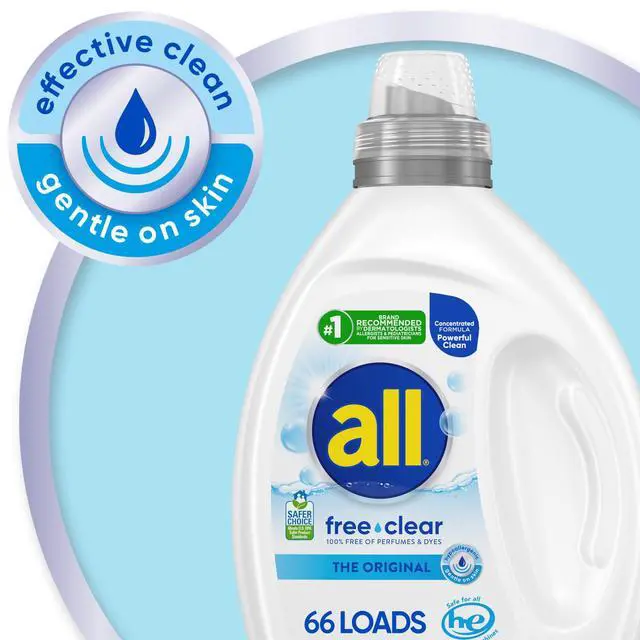 Alt view image 2 of 6 - all free clear The Original Laundry Detergent for Sensitive Skin, 50oz, 110 Loads, Unscented, Hypoallergenic and Concentrated, Dye Free, Dermatologist Tested, HE Safe