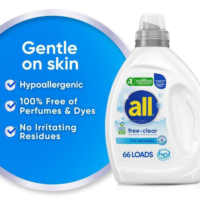 Alt view image 3 of 6 - all free clear The Original Laundry Detergent for Sensitive Skin, 50oz, 110 Loads, Unscented, Hypoallergenic and Concentrated, Dye Free, Dermatologist Tested, HE Safe