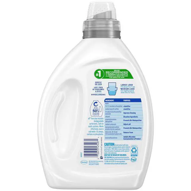 Alt view image 5 of 6 - all free clear The Original Laundry Detergent for Sensitive Skin, 50oz, 110 Loads, Unscented, Hypoallergenic and Concentrated, Dye Free, Dermatologist Tested, HE Safe