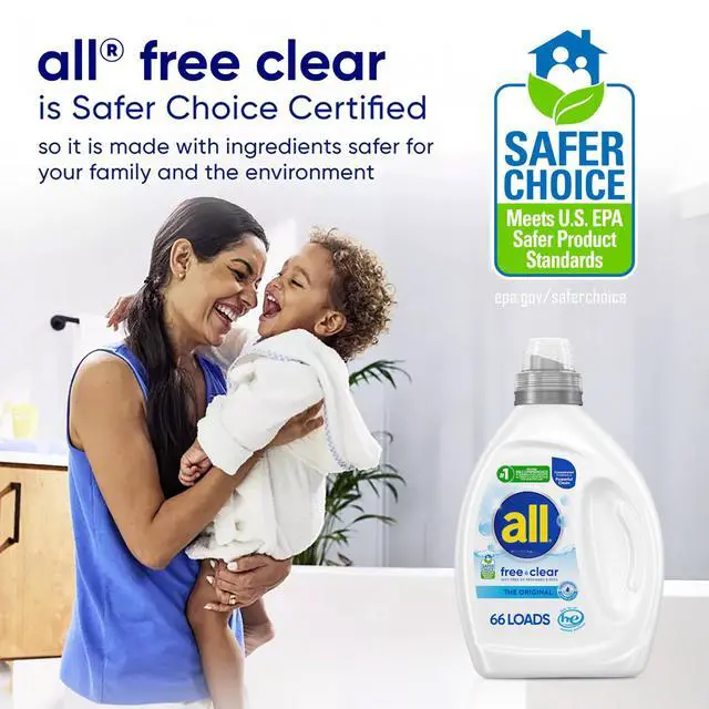 Alt view image 6 of 6 - all free clear The Original Laundry Detergent for Sensitive Skin, 50oz, 110 Loads, Unscented, Hypoallergenic and Concentrated, Dye Free, Dermatologist Tested, HE Safe