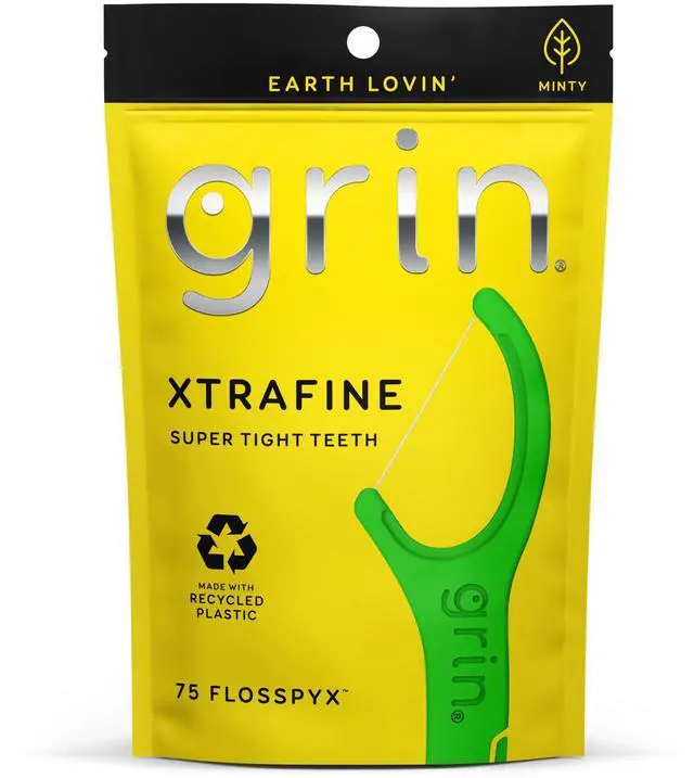 Main image of GRIN XtraFine Flosspyx, Floss Picks, 75 Count, Dental Flossers, Minty Flavor, Recycled Plastic, for Super Tight Teeth, Longer Floss Head, Slide Between Teeth, Includes Safe Soft Fold-Back Tooth Pick