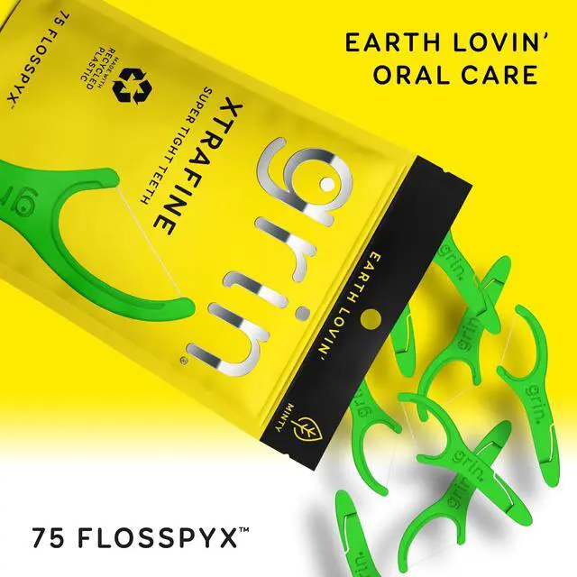 Alt view image 2 of 6 - GRIN XtraFine Flosspyx, Floss Picks, 75 Count, Dental Flossers, Minty Flavor, Recycled Plastic, for Super Tight Teeth, Longer Floss Head, Slide Between Teeth, Includes Safe Soft Fold-Back Tooth Pick