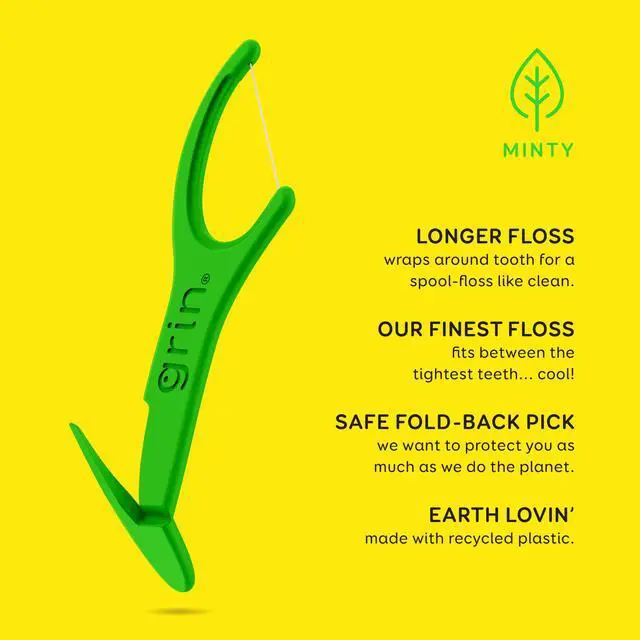 Alt view image 3 of 6 - GRIN XtraFine Flosspyx, Floss Picks, 75 Count, Dental Flossers, Minty Flavor, Recycled Plastic, for Super Tight Teeth, Longer Floss Head, Slide Between Teeth, Includes Safe Soft Fold-Back Tooth Pick