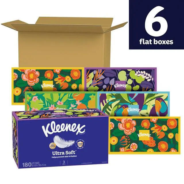 Alt view image 2 of 7 - Kleenex Ultra Soft Facial Tissues, 6 Flat Boxes, 180 Tissues per Box, 3-Ply (1080 Total), Packaging May Vary