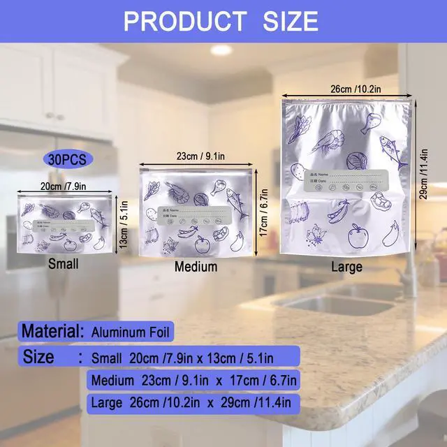 Alt view image 2 of 7 - Reusable Aluminum Foil Storage Bags, 30 Count - Thick, Leak-Proof Stand-Up Bags with Resealable Zipper for Food Storage & Organization | Freezer, Pantry & Meal Prep (Small)