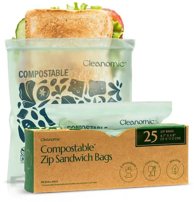 Main image of Cleanomic Compostable* Sandwich Size Food Storage Bags (25 Eco Zip) Freezer and Leak Proof, Also Available Gallon, Quart and Snack Size Bags