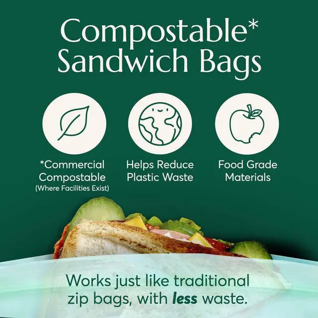 Alt view image 2 of 7 - Cleanomic Compostable* Sandwich Size Food Storage Bags (25 Eco Zip) Freezer and Leak Proof, Also Available Gallon, Quart and Snack Size Bags