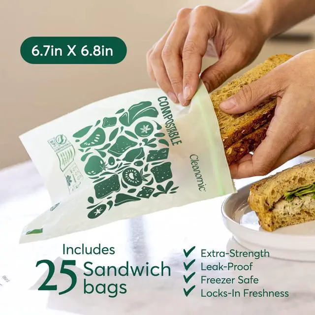 Alt view image 3 of 7 - Cleanomic Compostable* Sandwich Size Food Storage Bags (25 Eco Zip) Freezer and Leak Proof, Also Available Gallon, Quart and Snack Size Bags