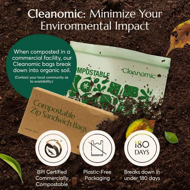 Alt view image 4 of 7 - Cleanomic Compostable* Sandwich Size Food Storage Bags (25 Eco Zip) Freezer and Leak Proof, Also Available Gallon, Quart and Snack Size Bags