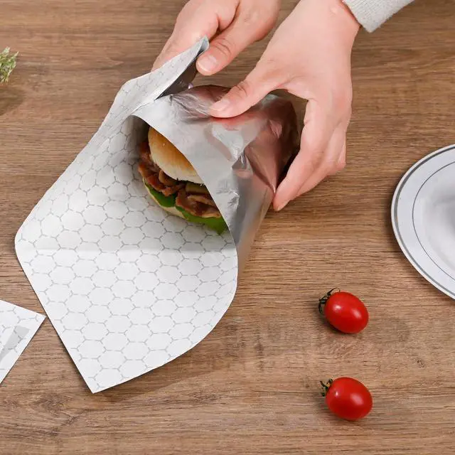 Alt view image 4 of 7 - 50 Pack Premium Insulated Foil Sandwich Wrap Sheets, 12"x12" Pre-Cut Foil Paper for Hot Dogs, Burgers, Burritos, Food Wrapping, Grease-Resistant and Waterproof, Heat & Cold Insulation for Freshness