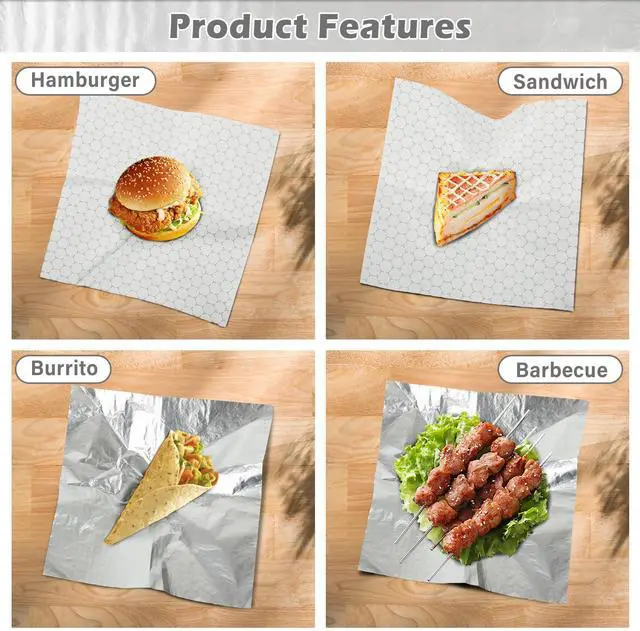 Alt view image 5 of 7 - 50 Pack Premium Insulated Foil Sandwich Wrap Sheets, 12"x12" Pre-Cut Foil Paper for Hot Dogs, Burgers, Burritos, Food Wrapping, Grease-Resistant and Waterproof, Heat & Cold Insulation for Freshness