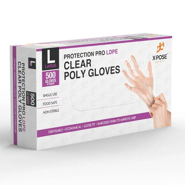 Main image of Xpose Safety Disposable Food Prep Poly Gloves - 500 Medium Clear - Transparent Embossed Latex Free Kitchen, Plastic Gloves for Food Handling, Serving