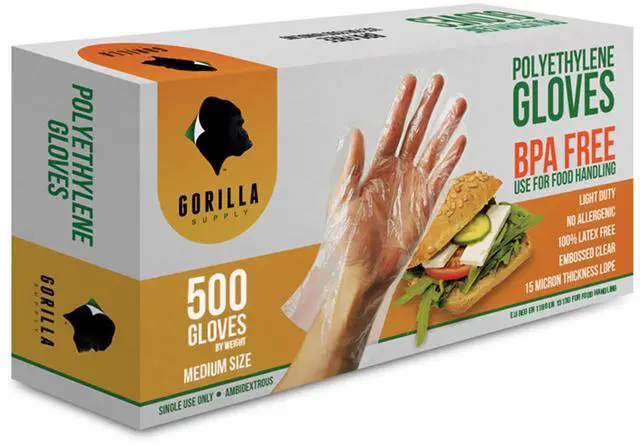 Main image of GORILLA SUPPLY 500 BPA Free Premium Disposable Gloves Poly PE LDPE Plastic for Kitchen Food Handling Food Prep Latex & Powder Free (500 Count, Medium)