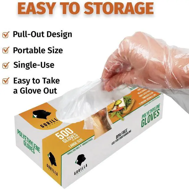 Alt view image 4 of 6 - GORILLA SUPPLY 500 BPA Free Premium Disposable Gloves Poly PE LDPE Plastic for Kitchen Food Handling Food Prep Latex & Powder Free (500 Count, Medium)
