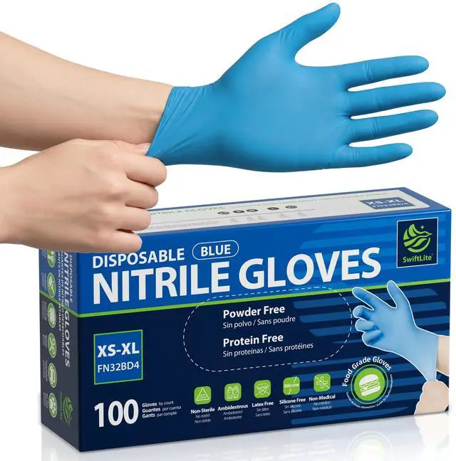 Main image of SWIFTLITE Food Safe Disposable Gloves, Blue Nitrile Rubber Gloves, Latex-Free Powder-Free for Food Prep, Cooking, Cleaning (Medium, 100)