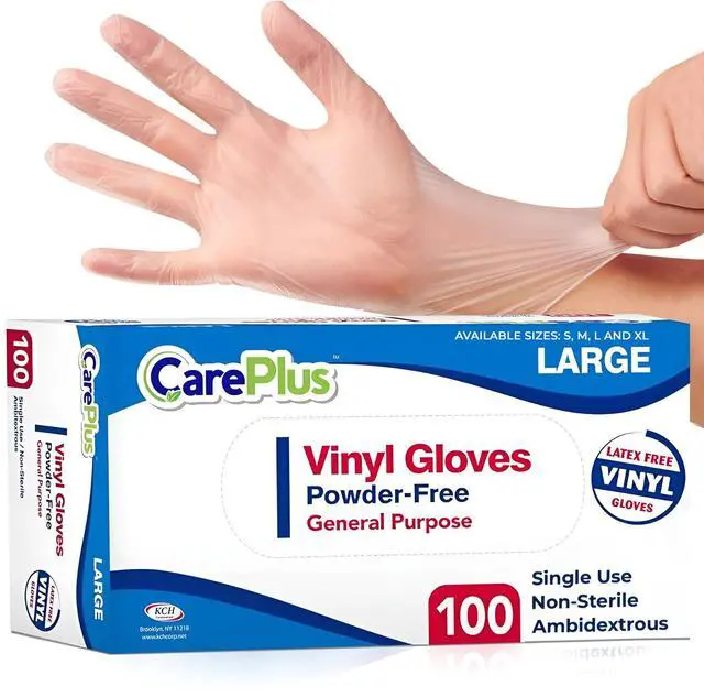 Main image of CARE PLUS Latex-Free Vinyl Gloves Clear Large Size 100 Count | Heavy Duty, Non-Sterile, Powder-Free, Rubber | Food Prep, Kitchen & Cleaning Gloves, Ideal for Professional Use