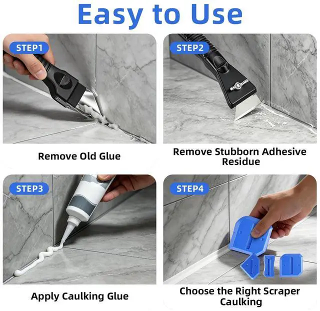 Alt view image 3 of 6 - Silicone Caulking Tool Kit, Caulk Remover Tool, Putty Knife Scraper, 3 Glass Glue Corner Scrapers, Grout Removal Tool with Stainless Steel Head for Kitchen Bathroom and Window
