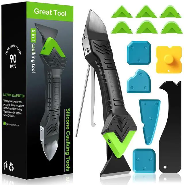 Main image of Goopreen 5 in 1 Caulking Tool Silicone Caulking Grout Removal Sealant Finishing Tool with Stainless Steel Head, 6 Replaceable Pads, Gap Seam Repair Kit for Kitchen Bathroom Sink Toilet Caulking