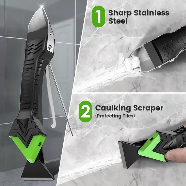 Alt view image 3 of 7 - Goopreen 5 in 1 Caulking Tool Silicone Caulking Grout Removal Sealant Finishing Tool with Stainless Steel Head, 6 Replaceable Pads, Gap Seam Repair Kit for Kitchen Bathroom Sink Toilet Caulking