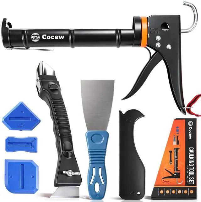 Main image of Caulk Gun Kit, Smooth Silicone Caulking Gun and Caulk Remover Tool, Sealant Finishing Tool Grout Scraper for Kitchen Bathroom Window Sink Joint, All in One with Gift Box