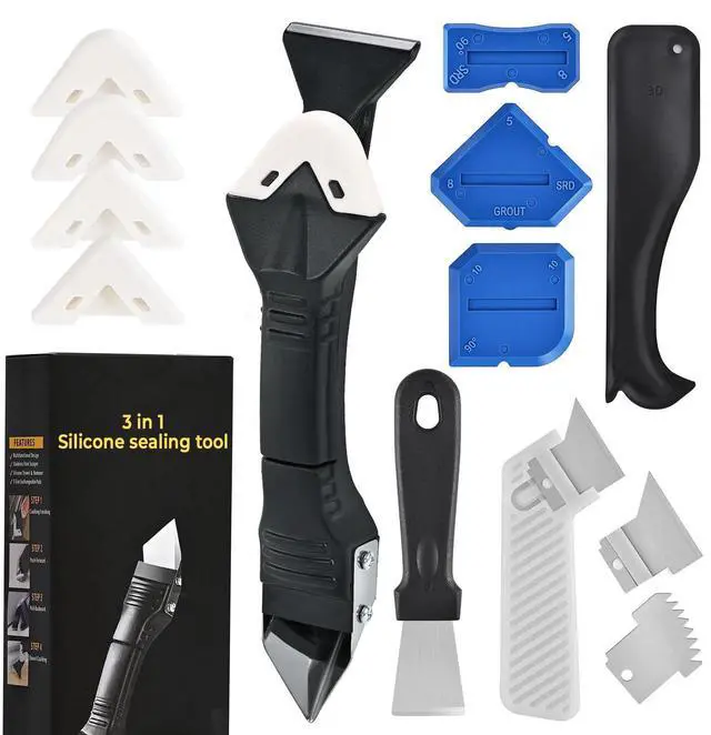 Main image of Caulking Tool 3 in 1 Silicone Caulking Grout Removal Sealant Finishing Tool Glass Glue Angle Scraper with Grout Scraper for Kitchen Bathroom Floor, Wall Surface,Window,Sink Joint,Frames Seal