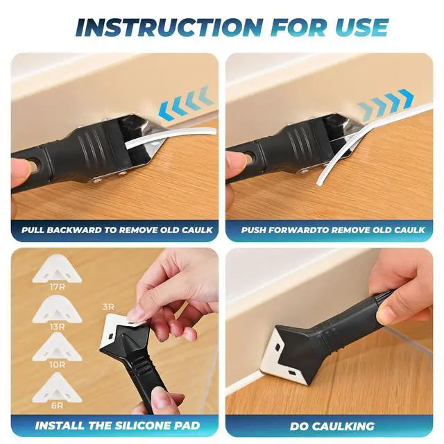 Alt view image 2 of 6 - Caulking Tool 3 in 1 Silicone Caulking Grout Removal Sealant Finishing Tool Glass Glue Angle Scraper with Grout Scraper for Kitchen Bathroom Floor, Wall Surface,Window,Sink Joint,Frames Seal