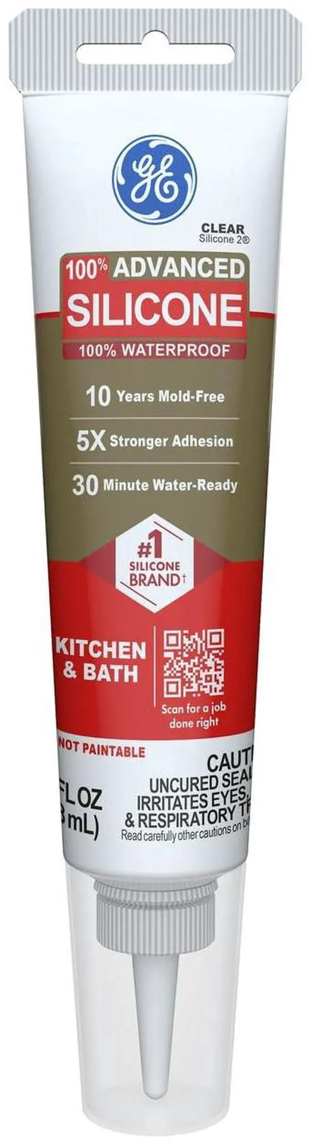 Main image of GE Advanced Silicone Caulk for Kitchen & Bathroom, Clear, 2.8 fl oz Tube, 1 Pack - 100% Waterproof Silicone Sealant, 5X Stronger Adhesion, Shrink & Crack Proof