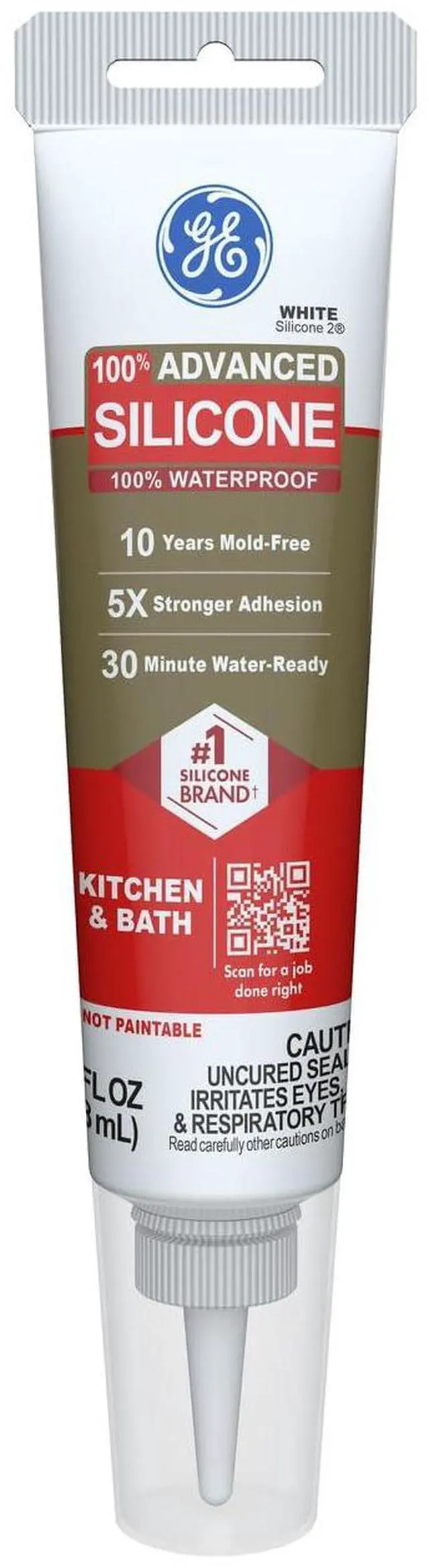 Main image of GE Advanced Silicone Caulk for Kitchen & Bathroom, White, 2.8 fl oz Tube, 1 Pack - 100% Waterproof Silicone Sealant, 5X Stronger Adhesion, Shrink & Crack Proof