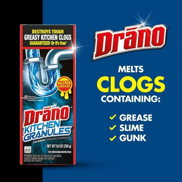Alt view image 3 of 7 - Drano Kitchen Granules Drain Clog Remover and Cleaner, Unclogs blockage from Grease or Cooking Oil, 8.8 oz