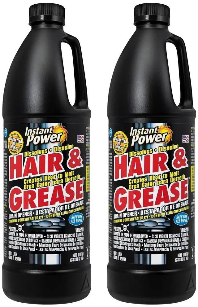 Main image of Instant Power Hair and Grease Drain Cleaner - Shower Drain & Sink Cleaner, Liquid Clog Remover, Made in USA, Sink Deodorizer - 1 Liter (Pack of 2)