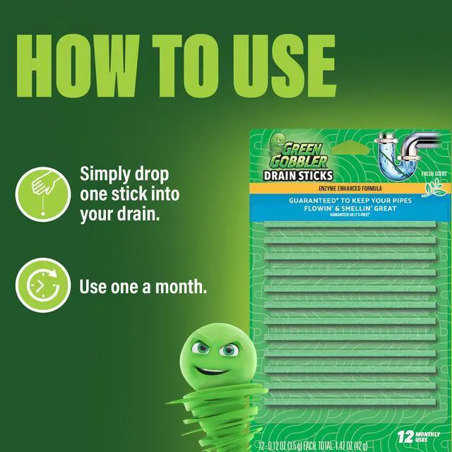 Alt view image 4 of 7 - Green Gobbler Drain Cleaner & Deodorizer FRESH SCENT Sticks for Toilet Tanks, Sinks, Bathtub Drains, Washing Machine Drains and Garbage Disposals - 24 Pieces
