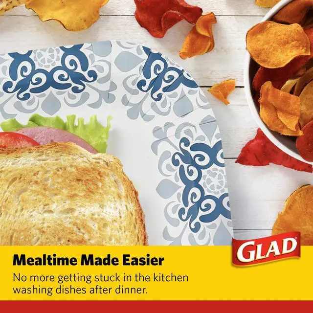 Alt view image 5 of 7 - Glad Square Heavy Duty Paper Plates, Soak Proof and Cut Proof Disposable Plates for Parties and Everyday Meals, Microwaveable for Easy Serving, Blue Victorian Pattern, 10 Inch, 50 Count