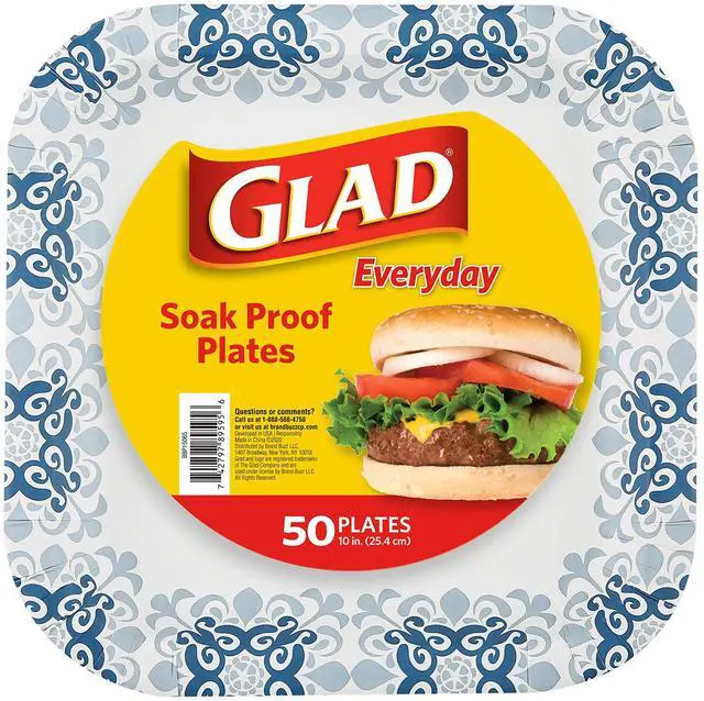 Main image of Glad Square Heavy Duty Paper Plates, Soak Proof and Cut Proof Disposable Plates for Parties and Everyday Meals, Microwaveable for Easy Serving, Blue Victorian Pattern, 10 Inch, 50 Count