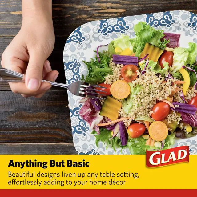 Alt view image 4 of 7 - Glad Square Heavy Duty Paper Plates, Soak Proof and Cut Proof Disposable Plates for Parties and Everyday Meals, Microwaveable for Easy Serving, Blue Victorian Pattern, 10 Inch, 50 Count