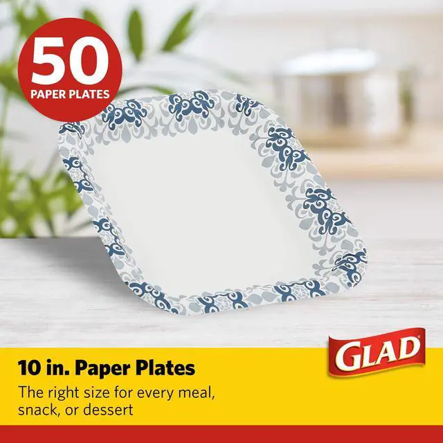 Alt view image 2 of 7 - Glad Square Heavy Duty Paper Plates, Soak Proof and Cut Proof Disposable Plates for Parties and Everyday Meals, Microwaveable for Easy Serving, Blue Victorian Pattern, 10 Inch, 50 Count