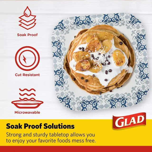 Alt view image 3 of 7 - Glad Square Heavy Duty Paper Plates, Soak Proof and Cut Proof Disposable Plates for Parties and Everyday Meals, Microwaveable for Easy Serving, Blue Victorian Pattern, 10 Inch, 50 Count