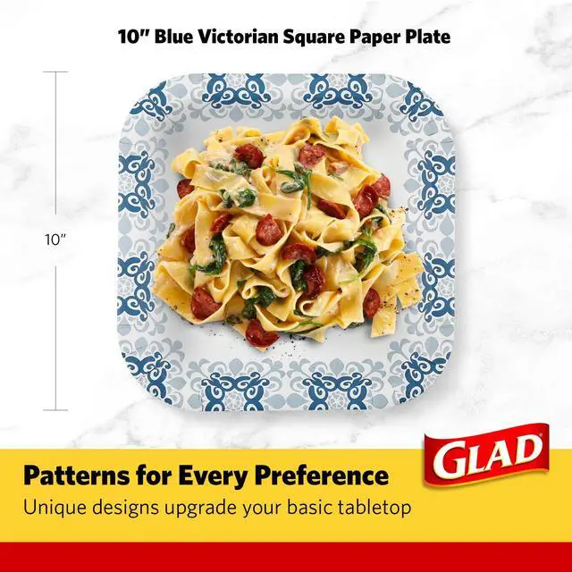 Alt view image 6 of 7 - Glad Square Heavy Duty Paper Plates, Soak Proof and Cut Proof Disposable Plates for Parties and Everyday Meals, Microwaveable for Easy Serving, Blue Victorian Pattern, 10 Inch, 50 Count