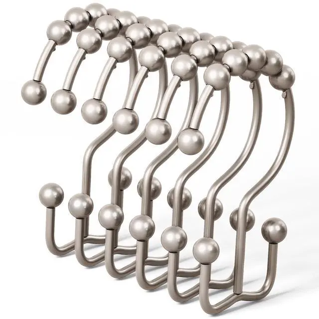 Main image of DAWNER Shower Curtain Hooks, Rust Proof Metal Easy Glide Double Rings, Stainless Steel Hangers for Bathroom Curtains, Set of 12, Brushed Nickel
