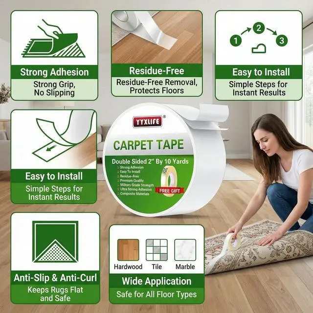 Alt view image 4 of 4 - YYXLIFE Double Sided Removable Rug Tape - Carpet Adhesive for Hardwood Floors,Non Slip Anti Curling Floor Tape for Area Rugs,Mats,Carpets - No Residue Strong Hold for Tile, 2Inch x 10Yards,White