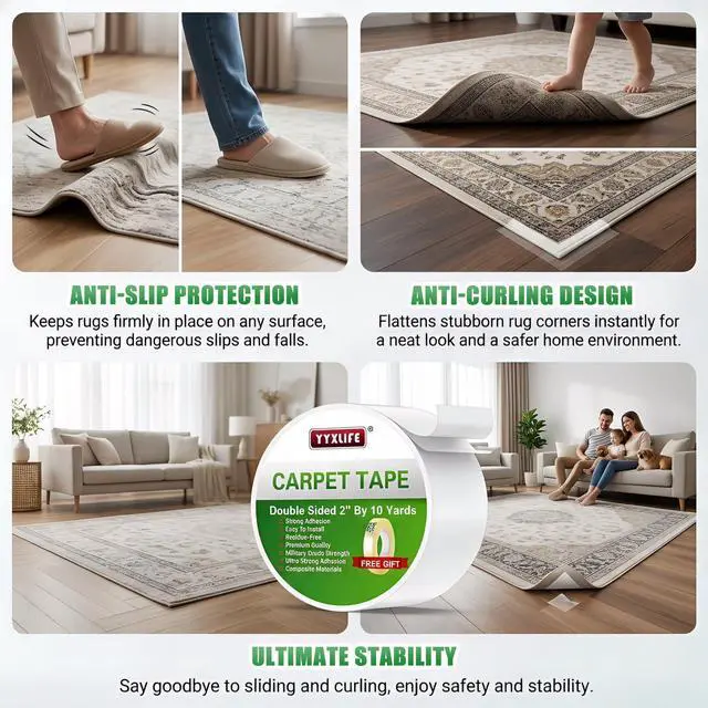 Alt view image 3 of 4 - YYXLIFE Double Sided Removable Rug Tape - Carpet Adhesive for Hardwood Floors,Non Slip Anti Curling Floor Tape for Area Rugs,Mats,Carpets - No Residue Strong Hold for Tile, 2Inch x 10Yards,White