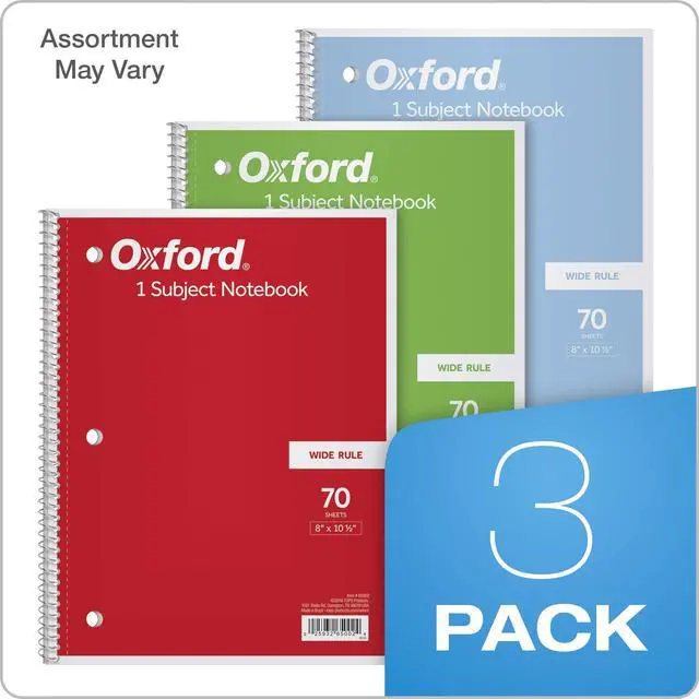 Alt view image 7 of 7 - Oxford 1-Subject Notebooks, School Journal, 8 x 10-1/2 Inch, Wide Rule Paper, 70 Sheets, 3-Hole Punch, 3 Pack, Red, Blue, Green, Color Assortment May Vary (65029)