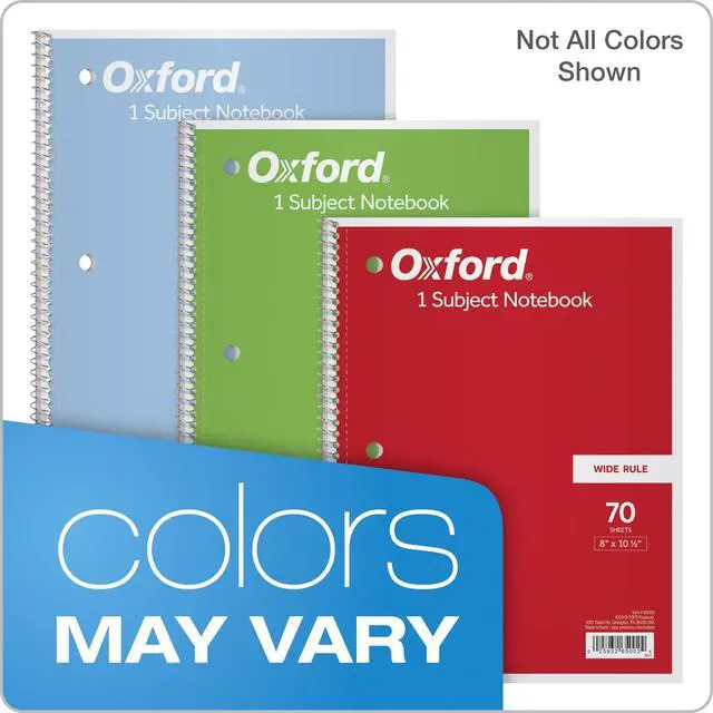 Alt view image 6 of 7 - Oxford 1-Subject Notebooks, School Journal, 8 x 10-1/2 Inch, Wide Rule Paper, 70 Sheets, 3-Hole Punch, 3 Pack, Red, Blue, Green, Color Assortment May Vary (65029)