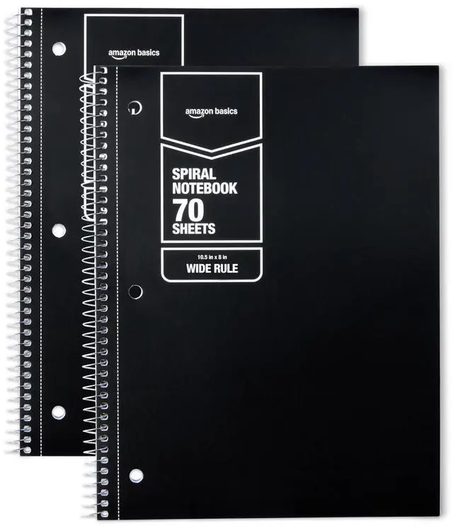 Main image of Wide-Ruled Spiral Notebooks, 8" x 10-1/2", 70 Sheets, Black, 2-Pack