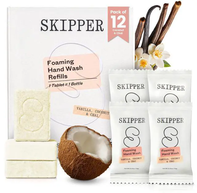 Main image of Tirtyl Skipper Foaming Hand Soap Tablet Refills - 12 Pack - 96 fl oz total (12x 8 fl oz) - Rebranded - Compostable Packaging - Vanilla, Coconut & Chai