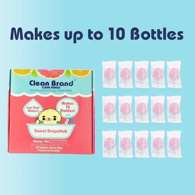 Alt view image 6 of 7 - Clean Brand Foaming Hand Soap Tablet Refill Box - 15 pack | 84.5 fl oz - Sweet Grapefruit scent - You won't believe it's not liquid (makes up to 10 bottles) - For Foaming Bottles Only