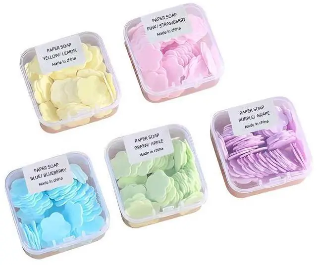 Main image of 450 Pcs Portable Paper Soap Sheets, Multi-Color Fruit Scented Collection, 450 Single-Use Tablets, Pink Strawberry, Yellow Lemon, Blue Blueberry, Green Apple, Purple Grape