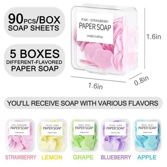 Alt view image 2 of 7 - 450 Pcs Portable Paper Soap Sheets, Multi-Color Fruit Scented Collection, 450 Single-Use Tablets, Pink Strawberry, Yellow Lemon, Blue Blueberry, Green Apple, Purple Grape