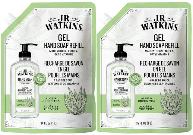 Main image of J.R. Watkins Gel Hand Soap Refill, Moisturizing Hand Wash, Formulated with Plant-Based Cleansers, Alcohol-Free, Cruelty-Free, Aloe & Green Tea, 34 Fl Oz, 2 Pack