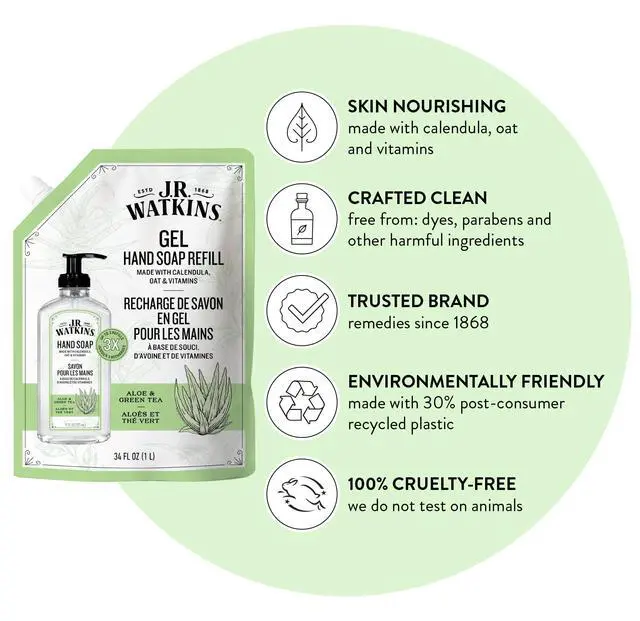 Alt view image 2 of 7 - J.R. Watkins Gel Hand Soap Refill, Moisturizing Hand Wash, Formulated with Plant-Based Cleansers, Alcohol-Free, Cruelty-Free, Aloe & Green Tea, 34 Fl Oz, 2 Pack