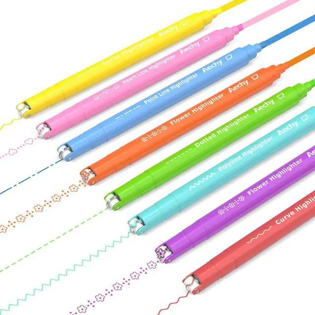 Main image of AECHY 8PCS Curve Highlighter Pen Set, Dual Tip Marker Pens with 6 Different Curve Shapes & 8 Colors Mark Lines, Aesthetic Curve Marker Highlighter for Journal Planner School Supplies